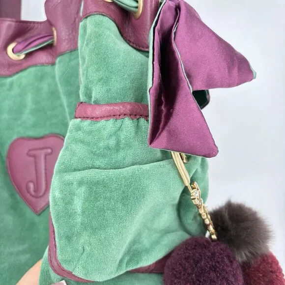 Vintage Juicy Couture Daydreamer Tote Bag Purse Royal Dog Bow Pompom Pin Charm - Picture 5 of 11